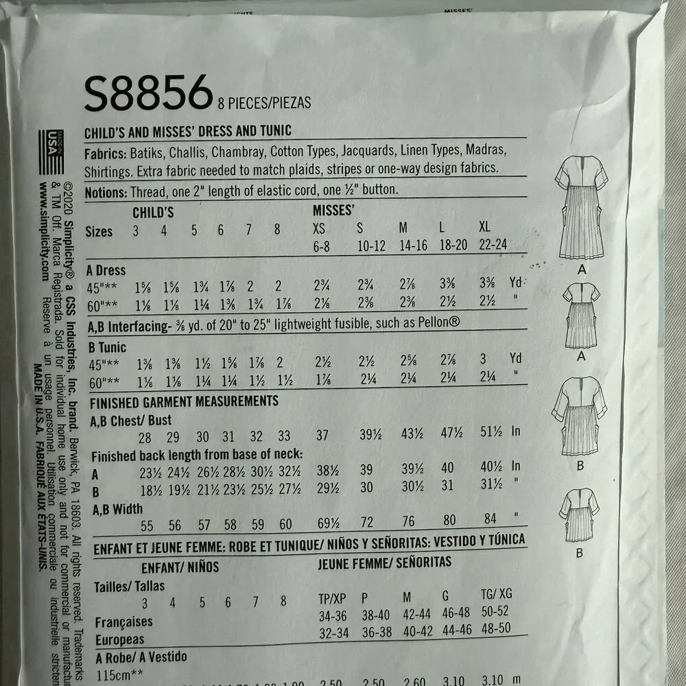 Simplicity EASY Pattern 8856 Mommy & Me Dress & Tunic Misses 6-24 Girls 3-8 UC